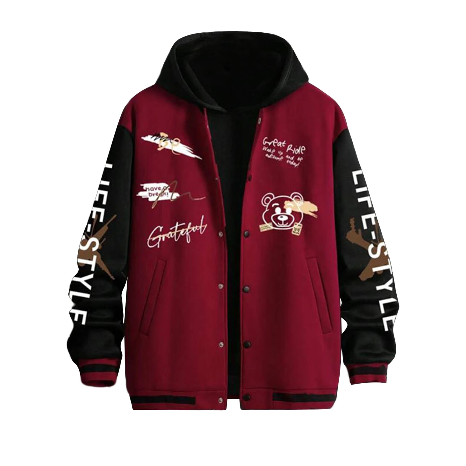 Men Baseball Jacket, Letters Bear Print Contrast Color Varsity Jacket