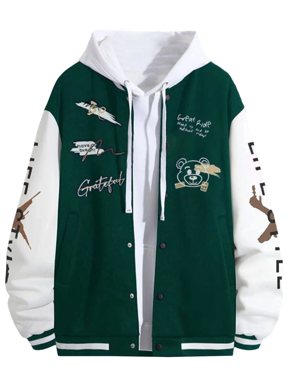 Men Baseball Jacket, Letters Bear Print Contrast Color Varsity Jacket