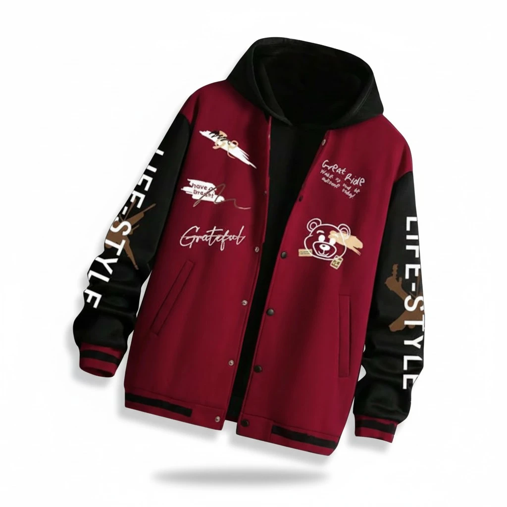 Men Baseball Jacket, Letters Bear Print Contrast Color Varsity Jacket