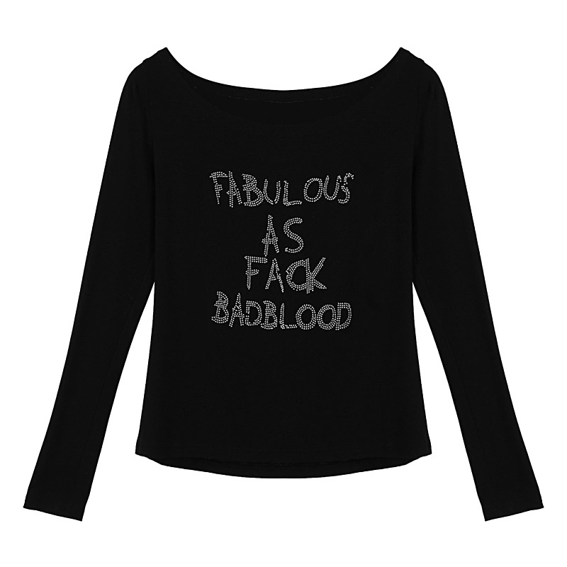 Women T-shirt Long Sleeve Off-shoulder Letters Slim Fit Fall Tops