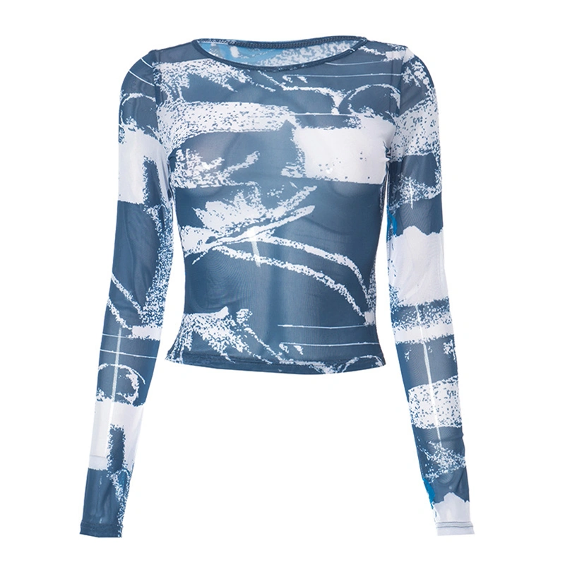 Women Basic Crop Tops Print Long Sleeve Shirt Casual Pullovers