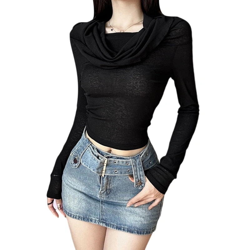 Women's Hooded Crop Tops Long Sleeve Cowl Neck Slim Fit T-Shirt