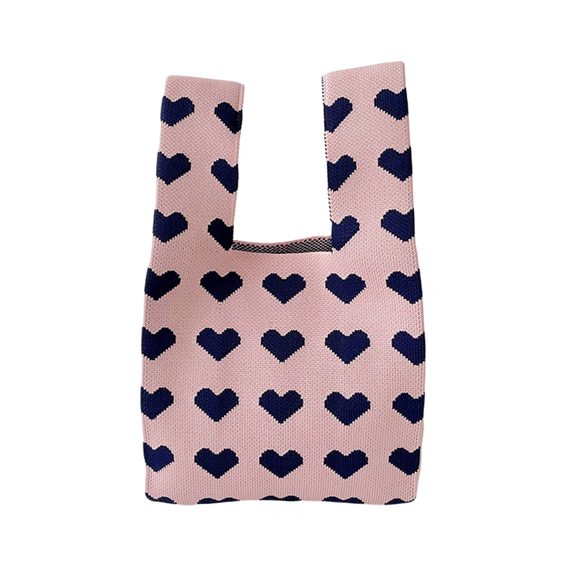 Women Knit Shoulder Bags Heart Print Tote Bag for Shopping, Party
