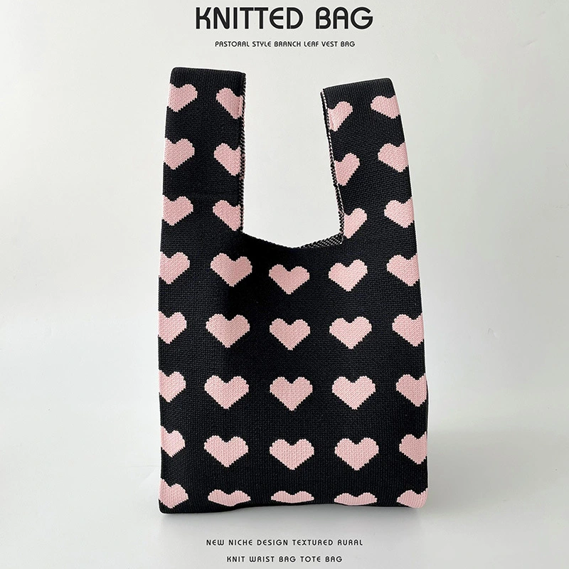 Women Knit Shoulder Bags Heart Print Tote Bag for Shopping, Party