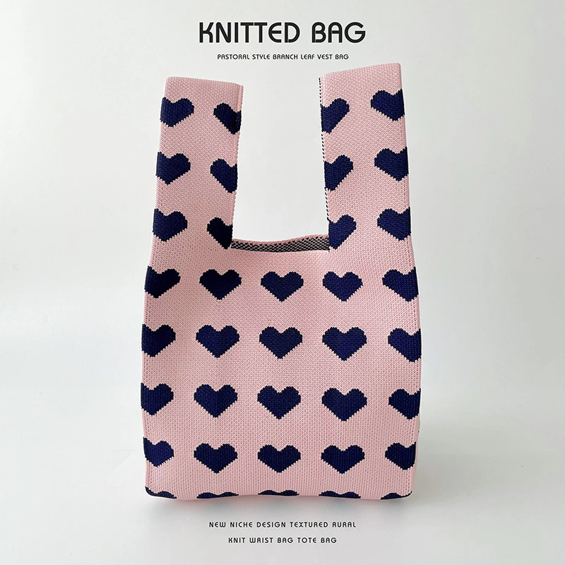 Women Knit Shoulder Bags Heart Print Tote Bag for Shopping, Party