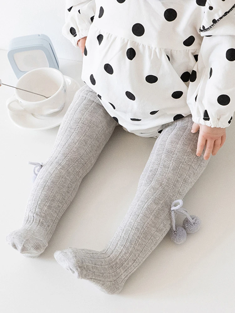 Baby Girl Ribbed Knit Tights Cute Pantyhose Leggings with Poms