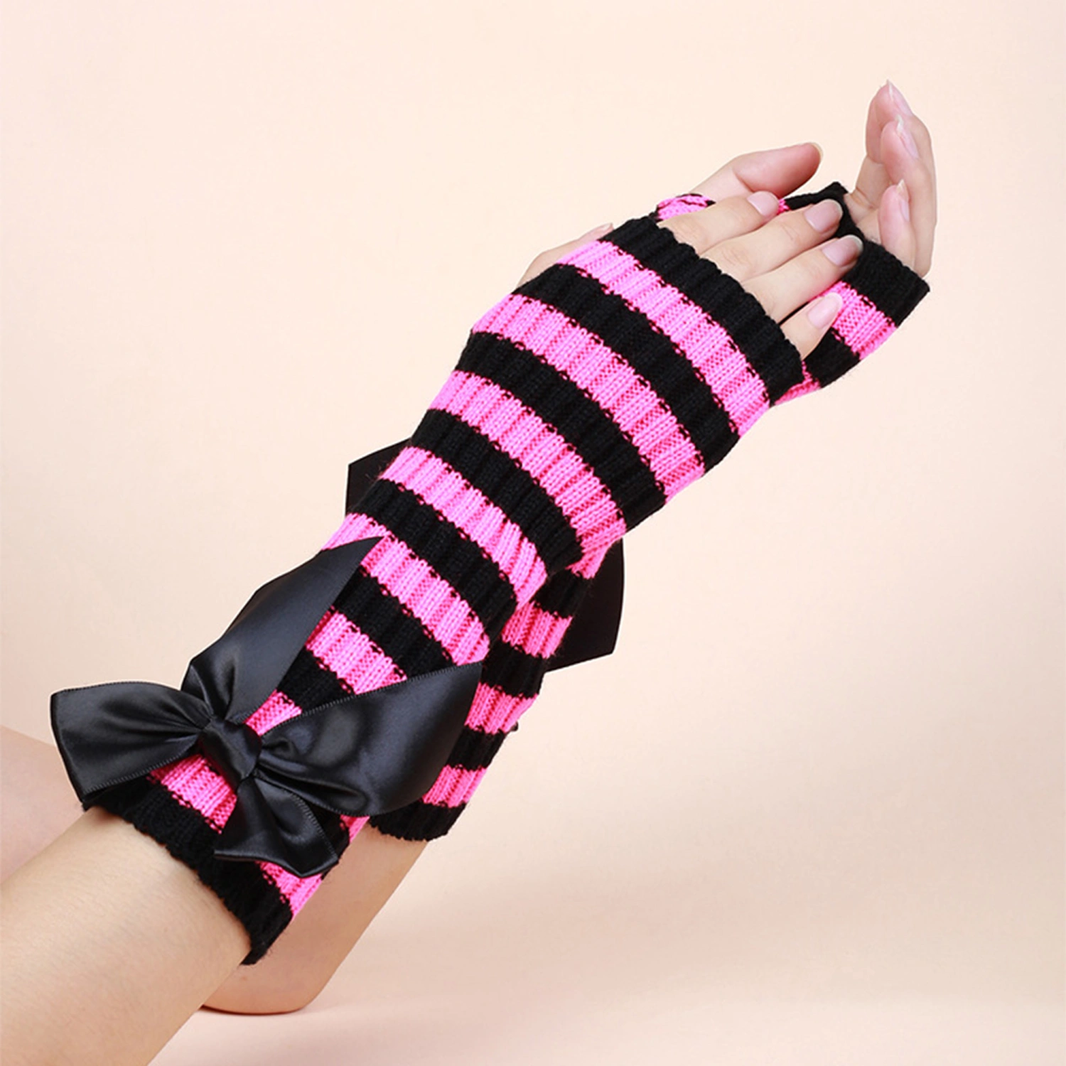 Women Knitted Mittens Striped Half Finger Gloves Winter Arm Warmers 