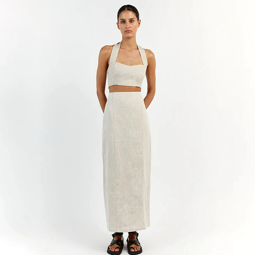 Women's Fashion Casual Cotton Linen Halterneck Vest Long Skirt Suit