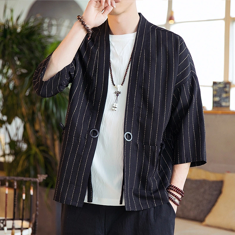 Summer Cropped Sleeves Robe Men's Striped Cardigan