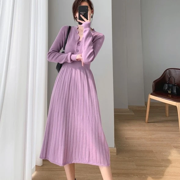 Knitted Dress Woolen Skirt Medium Base Ride Overknee Dress