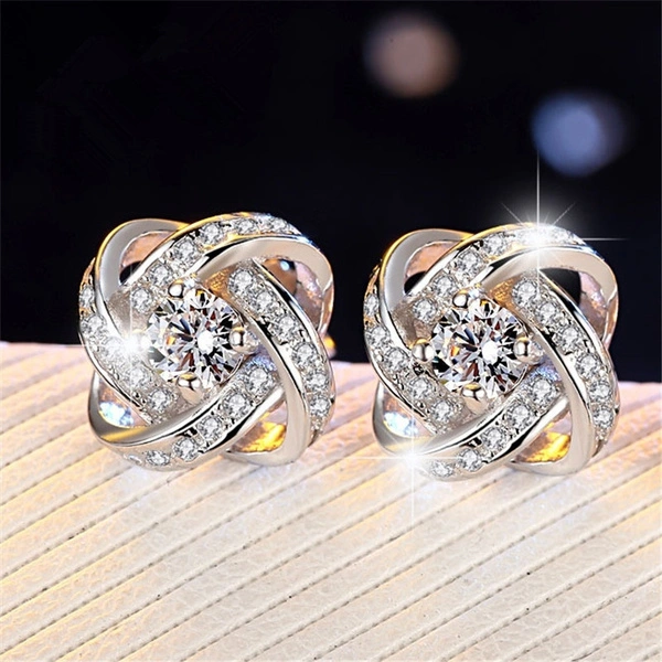 1 Pair Women's 925 Silver Classic Elegant Twisted Style Four-leaf Clover Inlaid AAA Zircon Ear Stud Earrings Fashion Jewelry Gifts (Size: 12*12 mm)