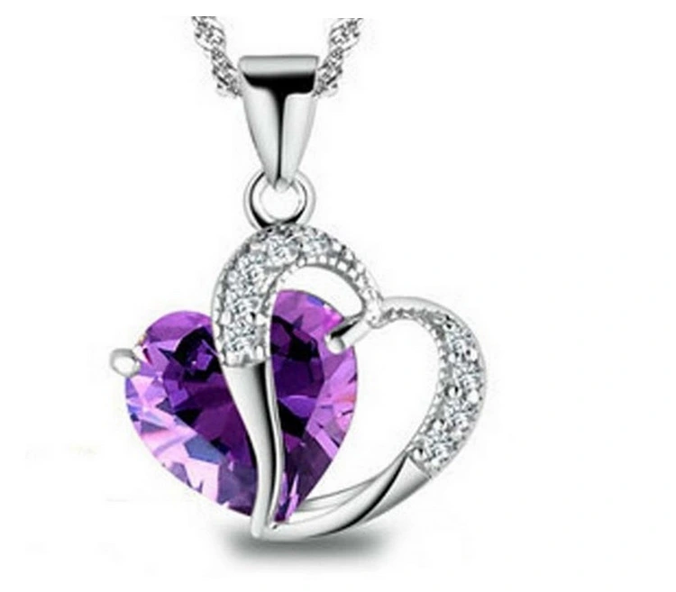 Women's Fashion Silver Plated Heart Purple Cubic Zirconia Rhinestone Chain Pendant Necklace Jewelry Christmas Gift