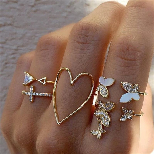 5pcs/set Bohemian Ring Heart Butterfly Gold Color Rings Crystal Geometric Rings Women Jewelry Gifts