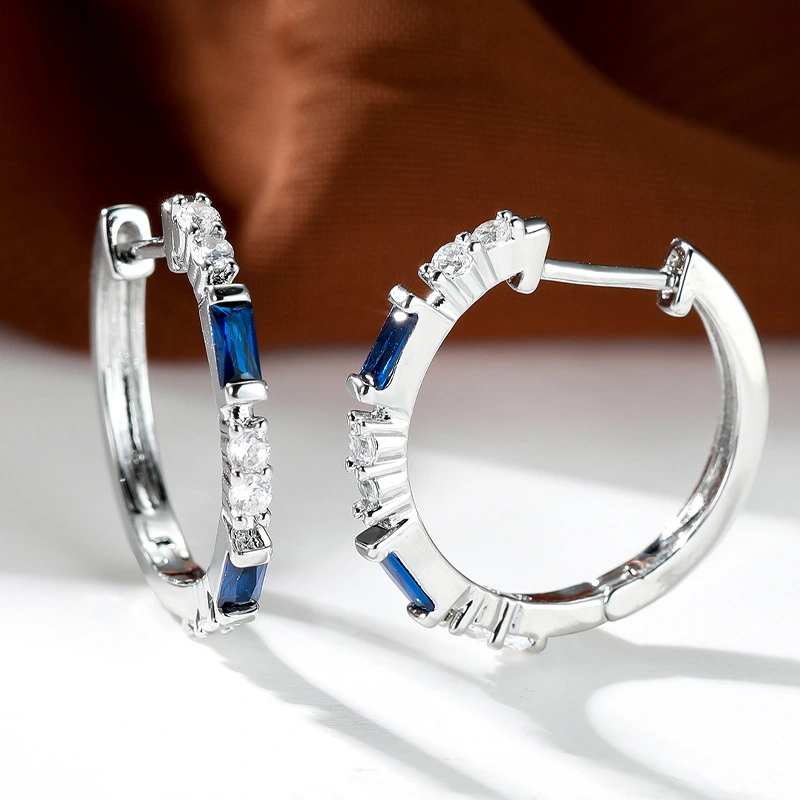 Fashion 925 Silver Bule Sapphire Diamond Engagement Hoop Earrings for Women Dangle Earring Party Jewelry