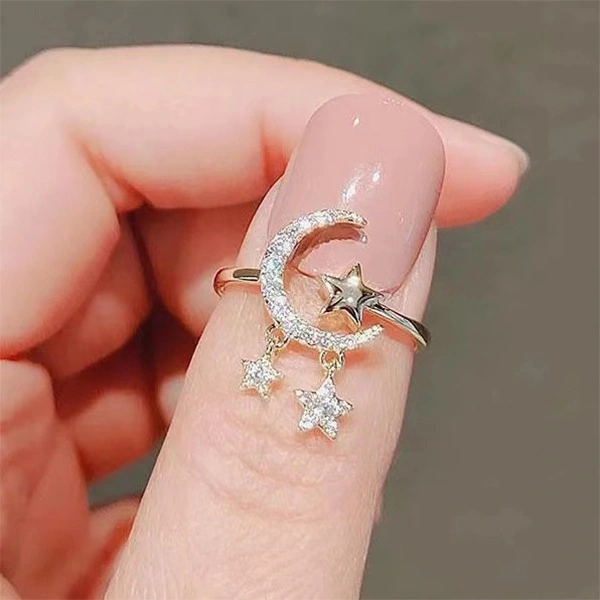 Lovely Moon and Star Zirconia Rings for Women Elegant Star Charm Ring Bridal Wedding Jewelry Size; 5-10