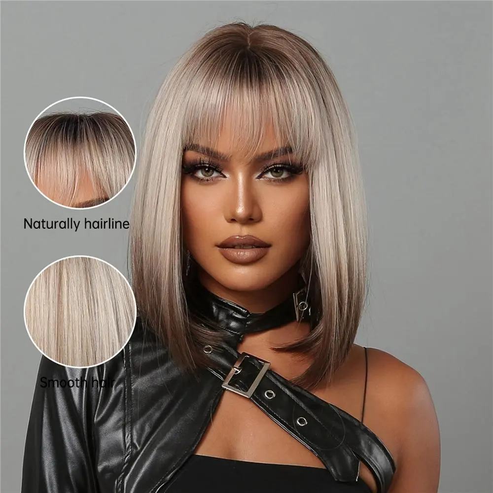 Short Straight Synthetic Wigs for Women Blonde To Brown Ombre Bob Wigs with Bangs Daily Party Heat Resistant Fake Hair