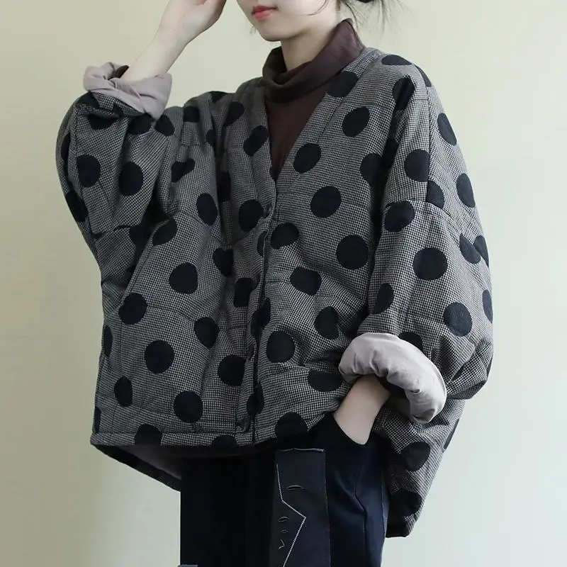 Johnature Spring Women Polka Dot Parkas V-Neck Bat Sleeve Warm Coats Button Loose Female Clothes Coats