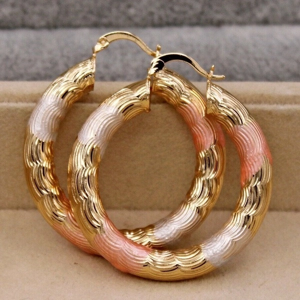 Gold Color Hoop Earrings for Women's Filled - Crude Tube Swirl Multilayer Circle 3-Color Plated Earrings