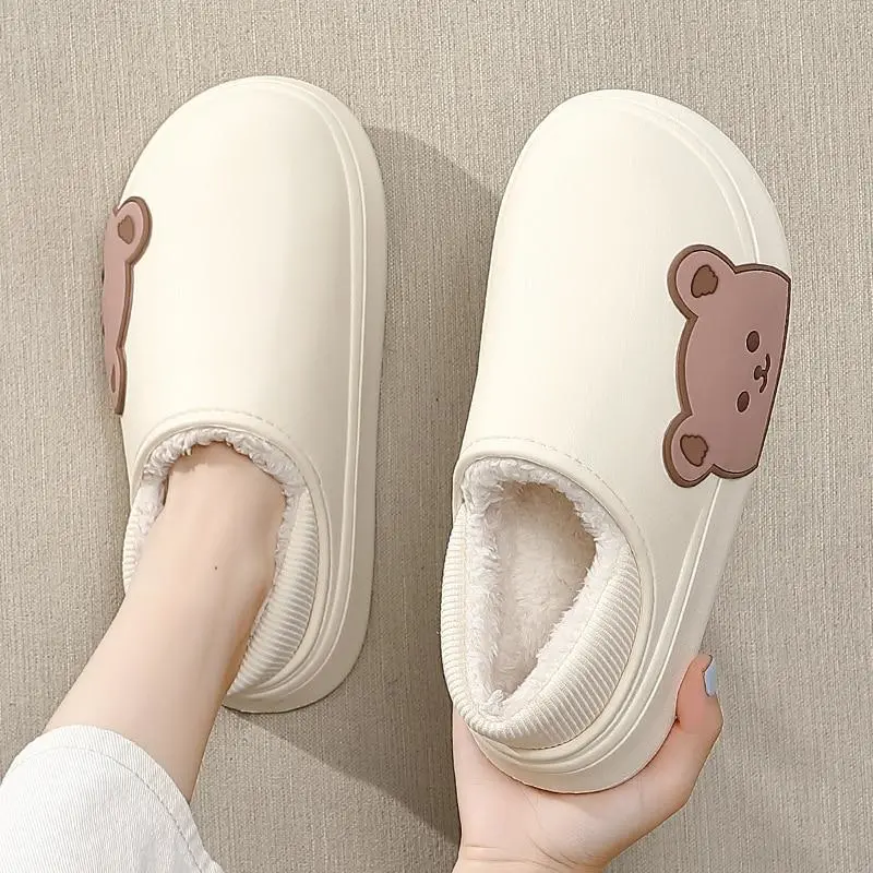 Home Winter Women Thick Platform Waterproof Non-Slip Rubber Slippers Warm Indoor Fur Cotton Men Couples Ladies