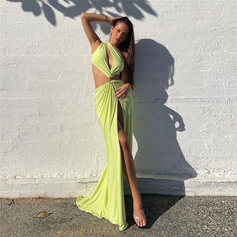 New Fall Women's Clothing Fashion Slant Shoulder Hollow Backless Slim-fit Slit Hip-wrapped Dress