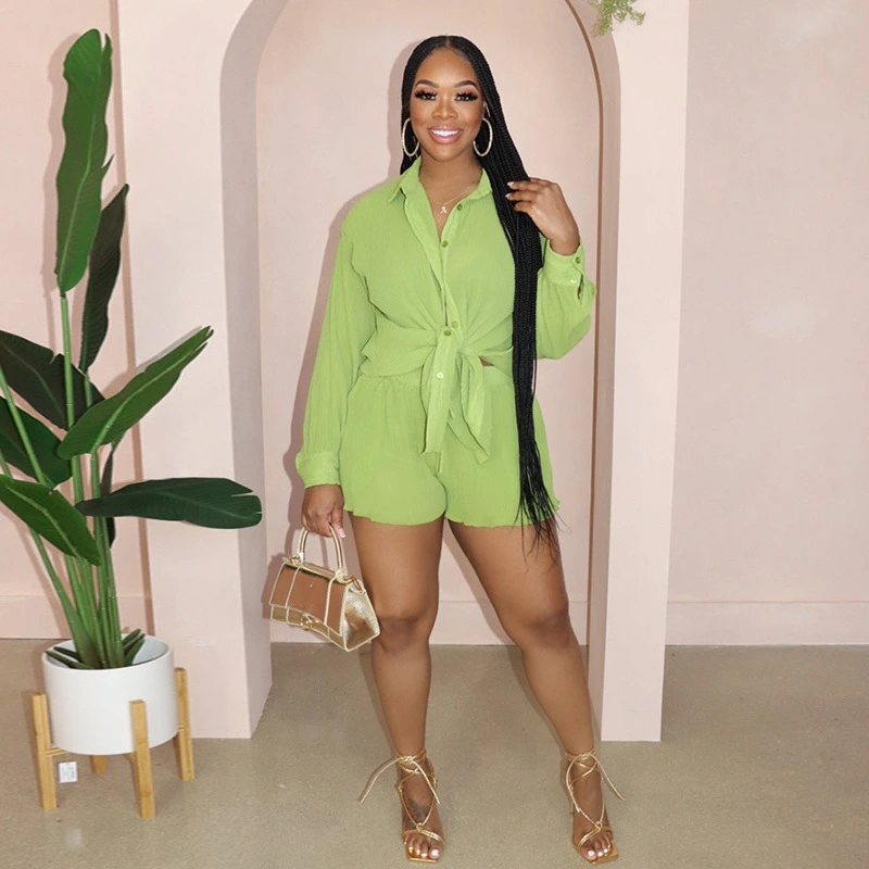 Women's Fashion Solid Color Loose Lapels Shirt Wide Leg Shorts Suit