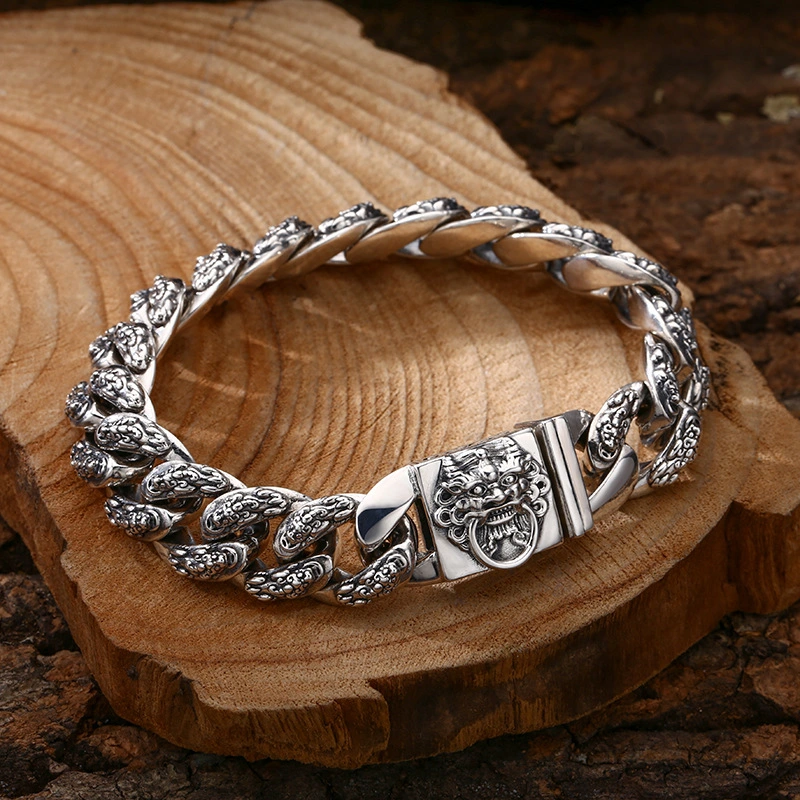 925 Sterling Silver Faucet Bracelet Money Drawing Pi Xiu Men's Thick Type Thai Silver Vintage Distressed Trendy Unique Ornament