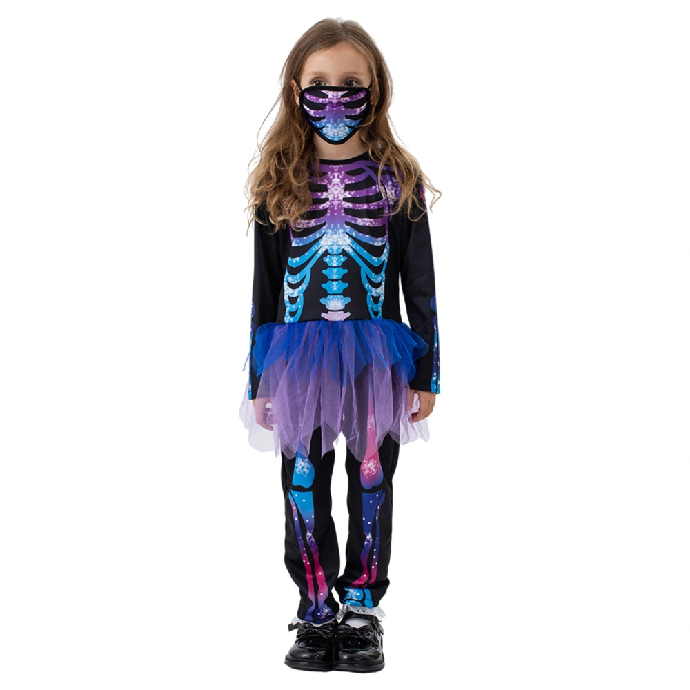 Halloween Skeleton Printed Costume for Kids Girls Facewear Set