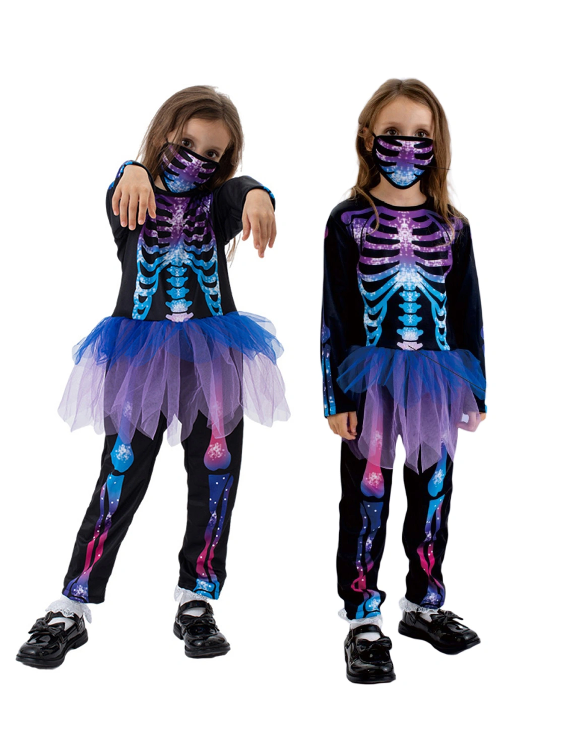 Halloween Skeleton Printed Costume for Kids Girls Facewear Set