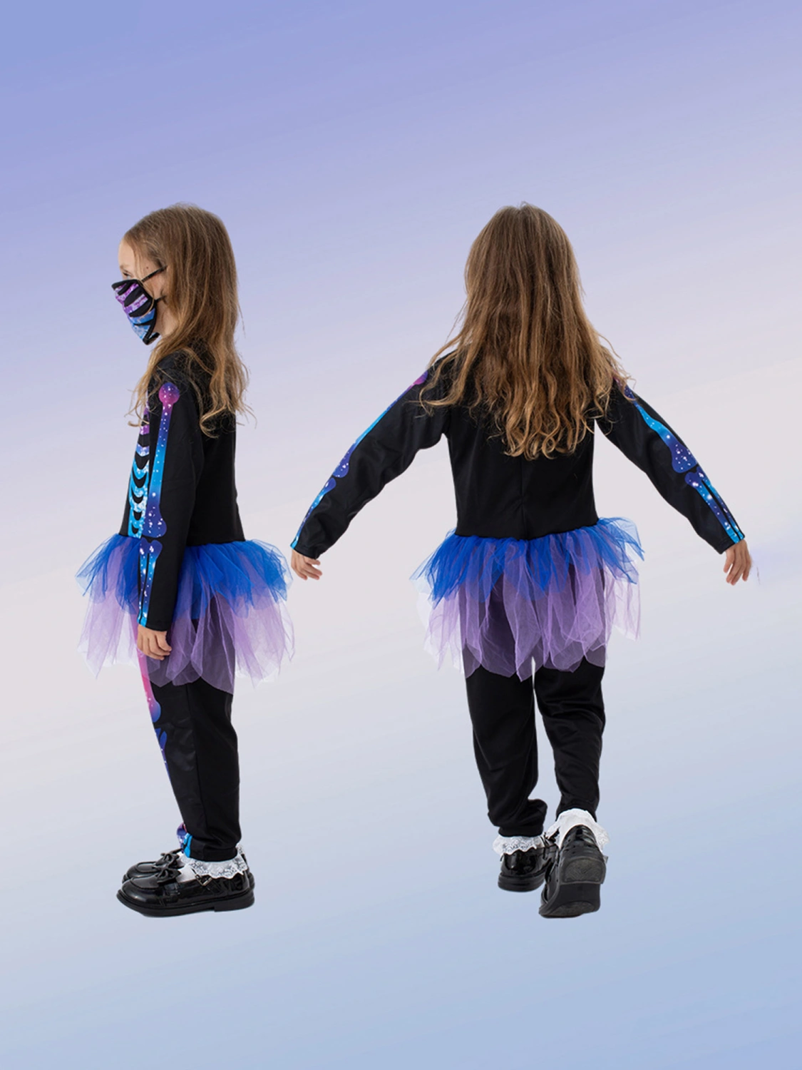 Halloween Skeleton Printed Costume for Kids Girls Facewear Set