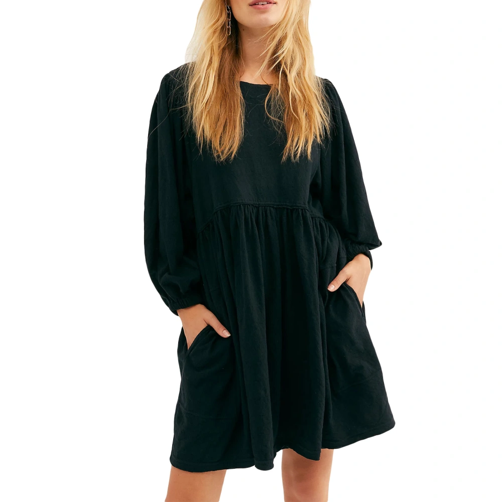 Women Loose Dress Solid Color 3/4 Sleeve Backless Party Mini Dress 