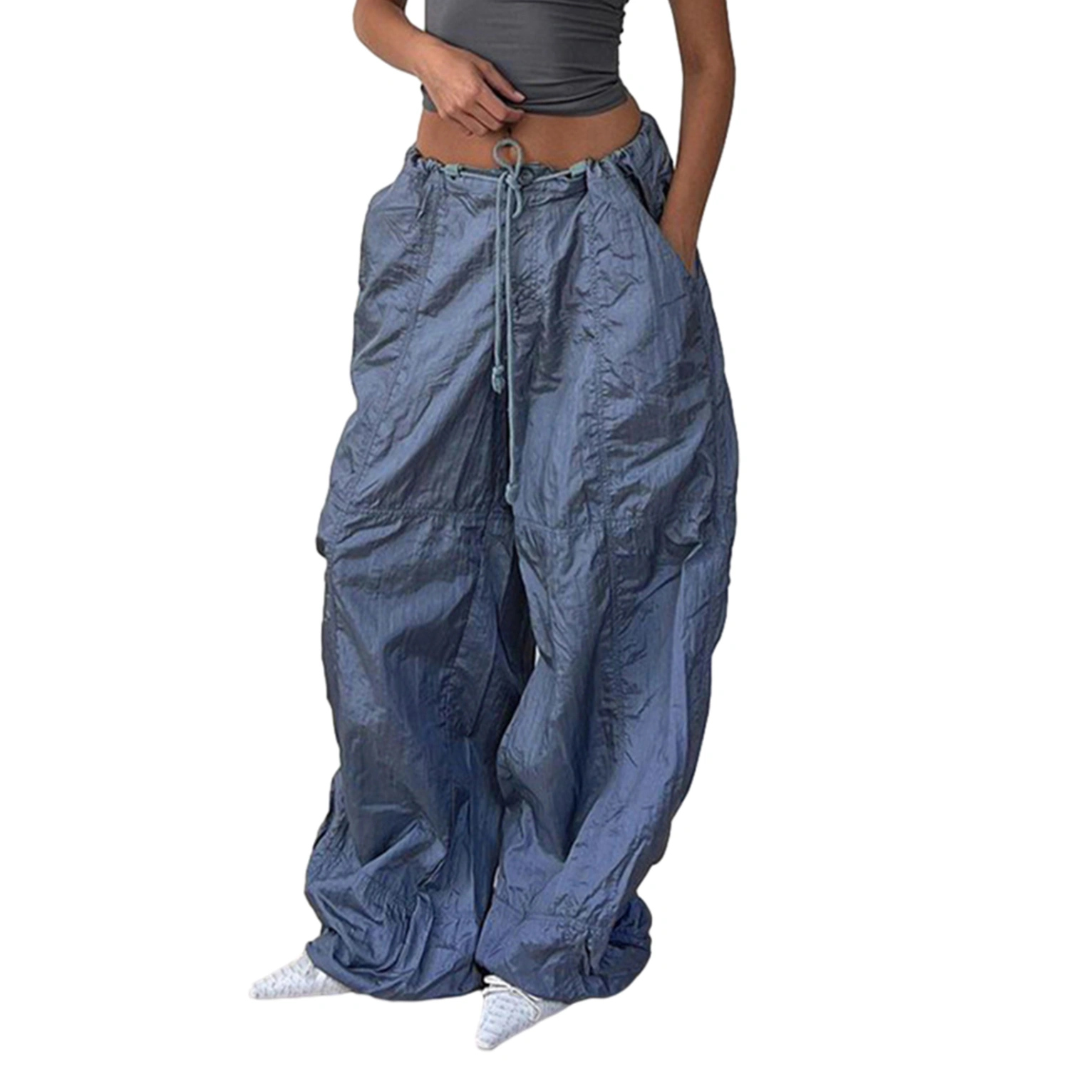Women Elastic Cargo Sweatpants Solid Color Loose Joggers Pants 
