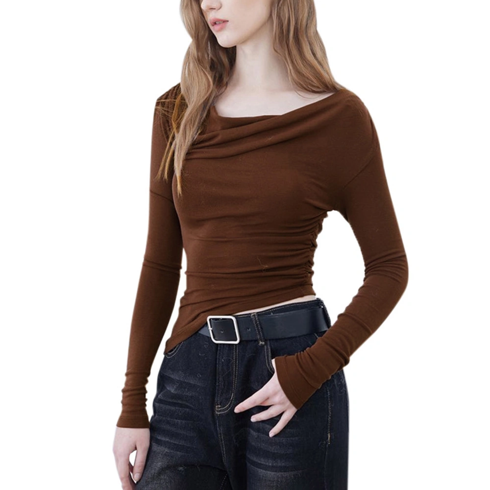 Women Long Sleeve T-Shirts Solid Color Oblique Shoulder Casual Shirts