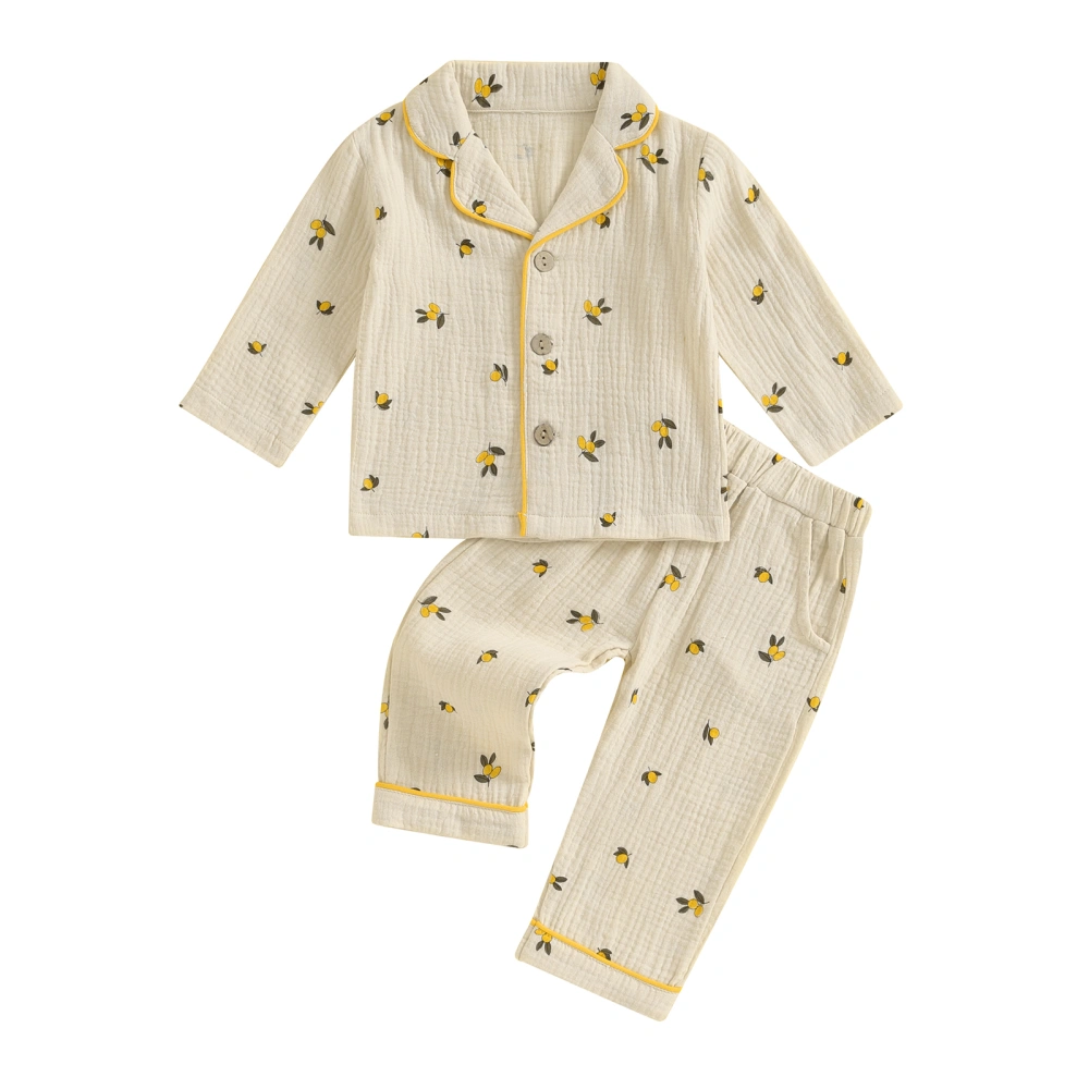 Little Girls Pajamas Set Lemon Print Lapel Collar Shirt and Pants 