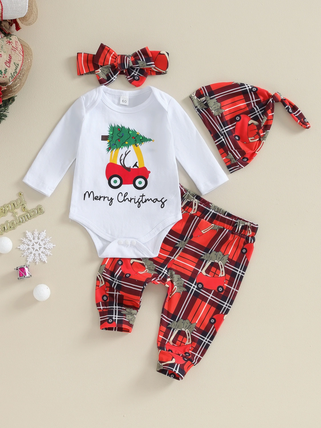 Baby Girls 4Pcs Christmas Outfits Newborn Romper Pants Headband Set