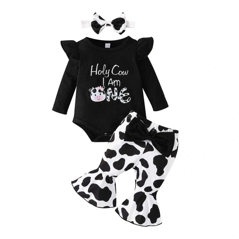 Baby Girls Birthday Outfits Letter Cow Print Rompers Pants Headband