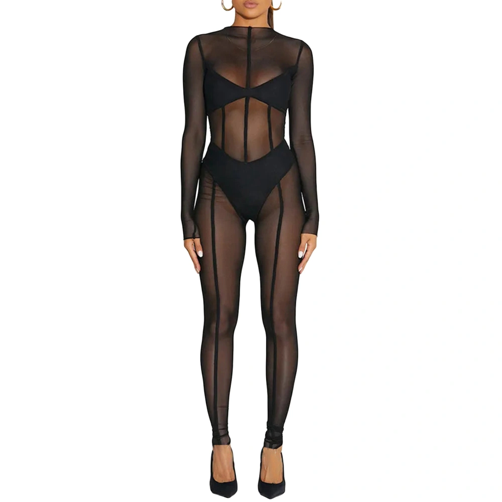 Women's Sheer Mesh Jumpsuits Long Sleeve Round Neck Bodycon Rompers