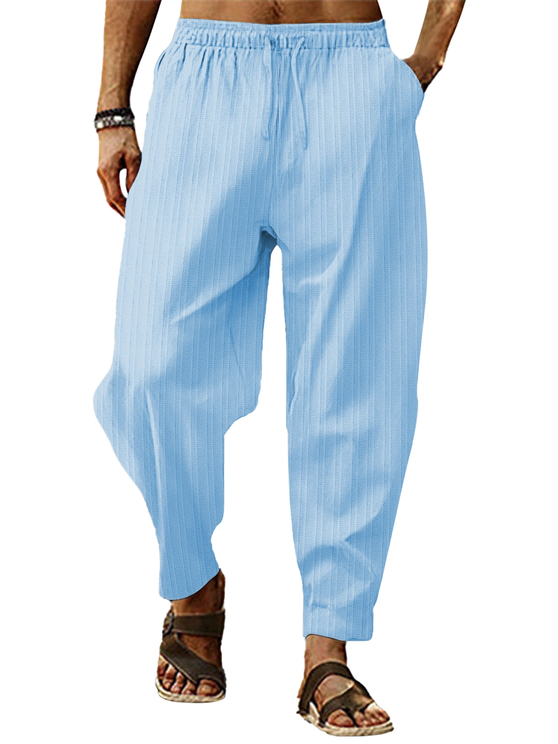 Men Casual Pants Elastic Waist Drawstring Summer Trousers with Pockets