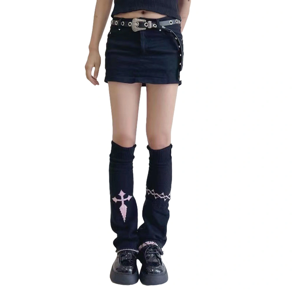 Women Gothic Punk Leg Warmers Asymmetrical Cross Print Knee High Socks