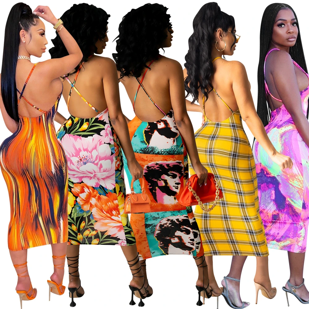 Printed Sexy Sling Sleeveless Bag Hip Maxi Dress