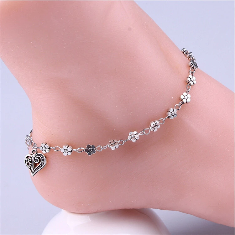 1PC Fashion Heart Plum Flower Chain Beach Anklet Bracelet Charm Summer Women Retro Bead Chain Foot Ankle Jewelry