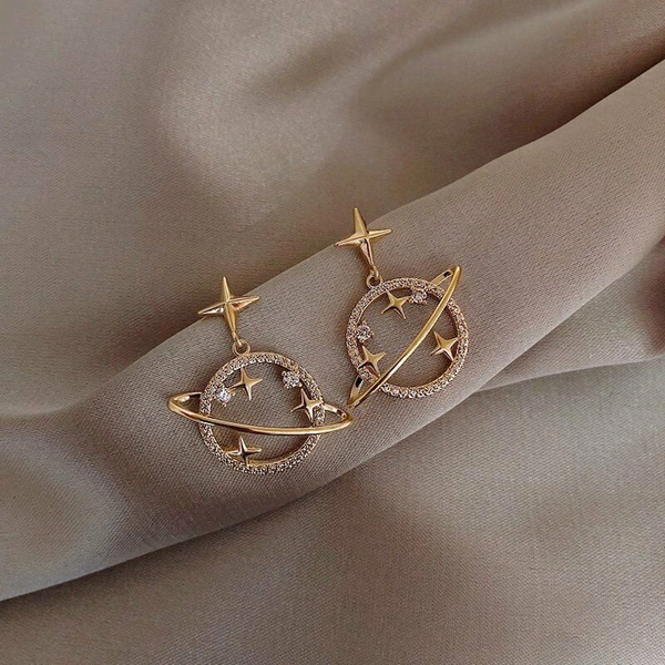 Fashion Hollow Gold Star Moon Planet Rhinestone Earrings Stud Dangle Geometric Crystal Earrings Women Gift