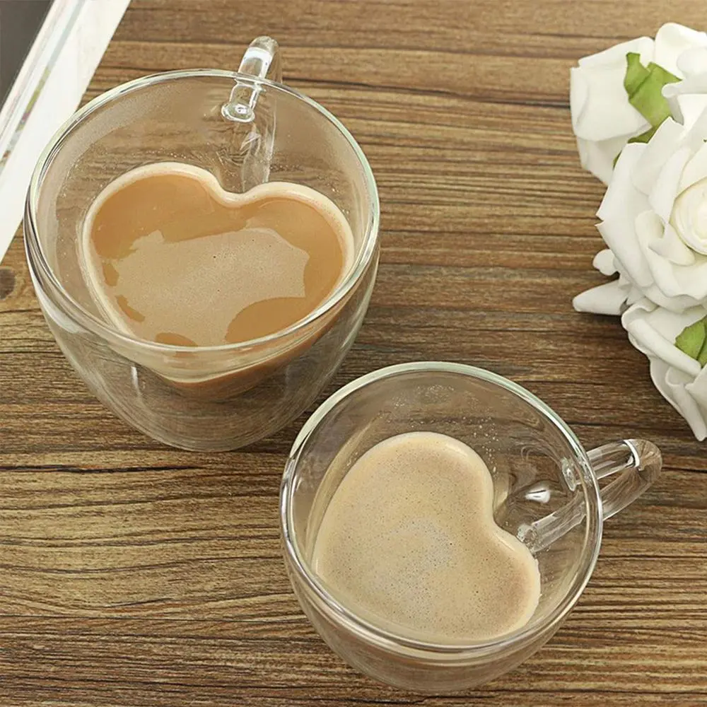 Heat-resistanted Double Wall Coffee Cup Transparent Heart Love Shaped Milk Juice Tea Glass Mug