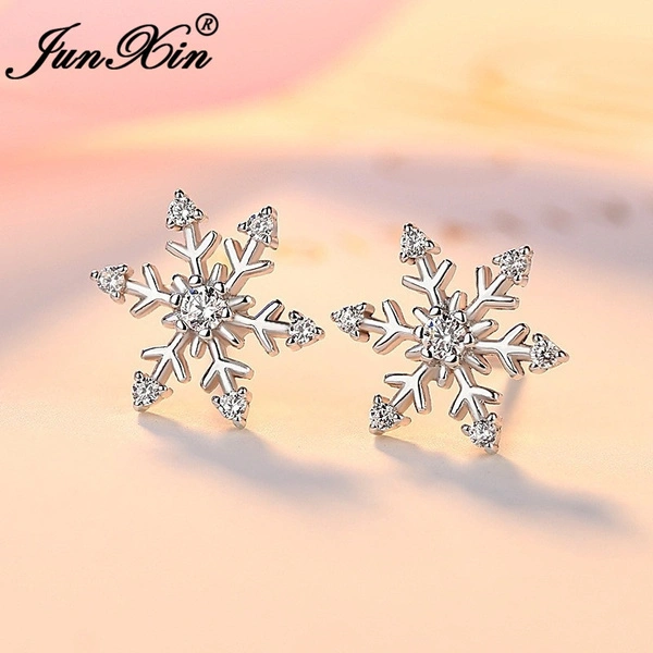 Junxin Fashion Earrings New Exquisite Girls Earing Full Diamond Snowflakes Stud Earrings for Women Engagement Band Wedding Jewelry Earrings