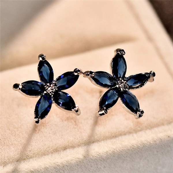 Cute Silver Plated five-pointed star Blue Sapphire Gemstone Stud Earrings Simple Pentagram Ear Studs Wedding Party Jewelry Gifts