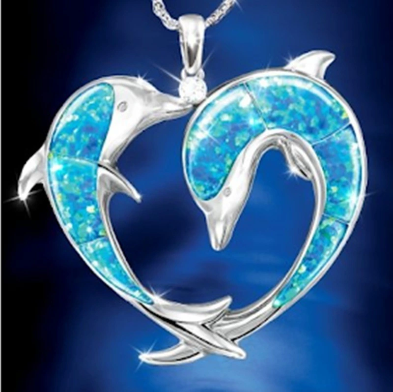 Exquisite Fashion Silvery Blue White Opal Dolphin Necklace Love Necklace Lover's Gift Fashion Accessories