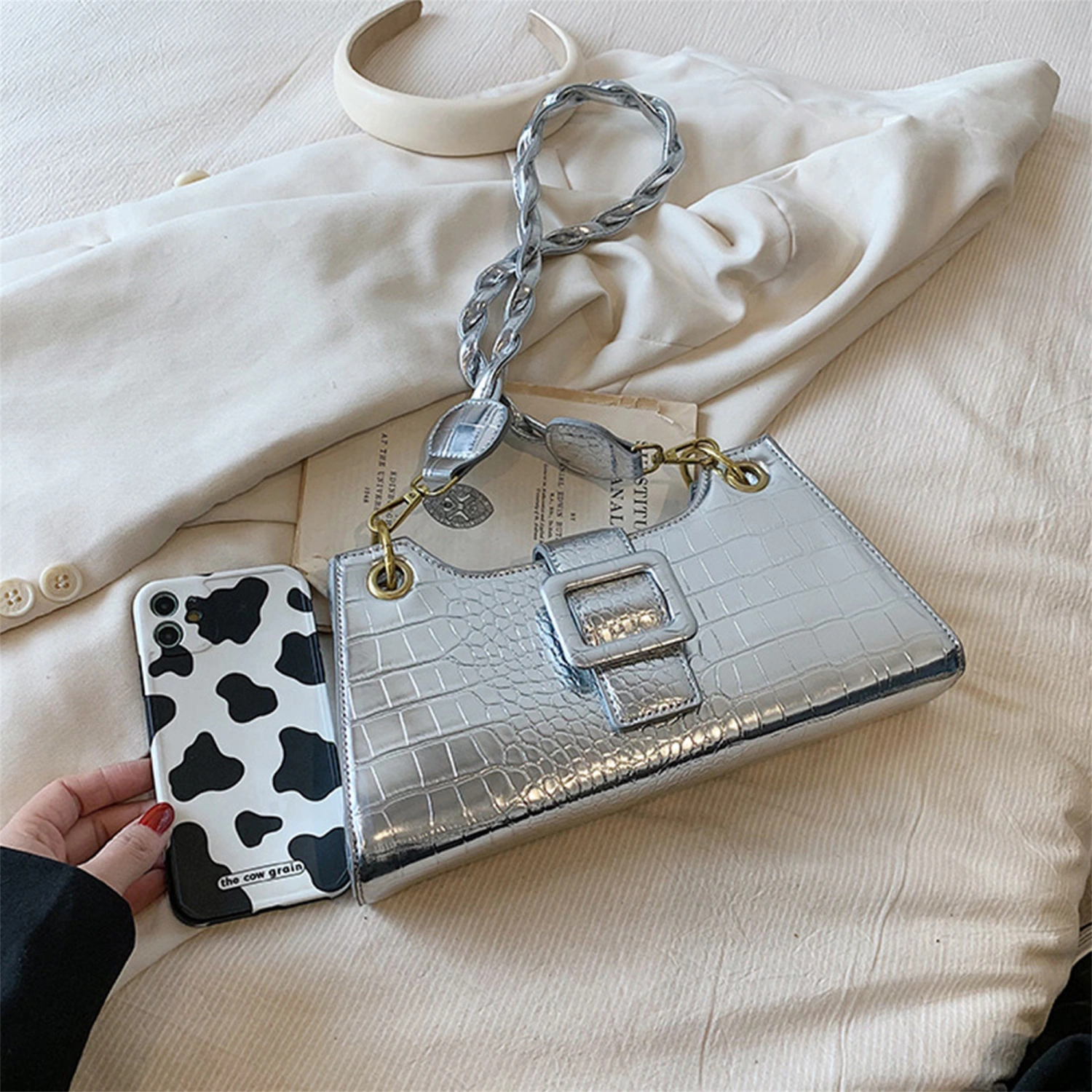 Women Glossy Square Crossbody Bag Stylish Handbag Shoulder Bag