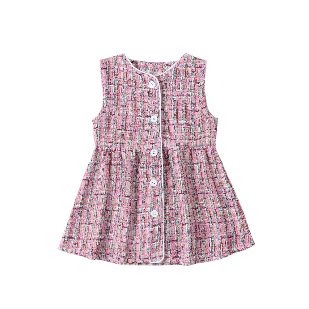 Girls Summer Pink Sleeveless Crew Neck Front Button Up Dress