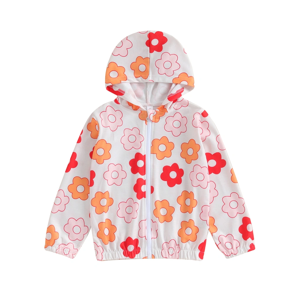 Girl Fall Hood Jacket Flower Print Zipper Front Long Sleeve Tops