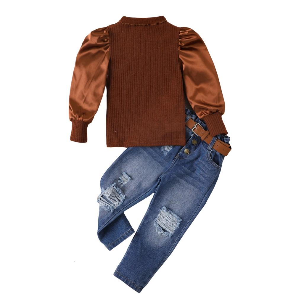 Kids Girl Fall Outfits Rib Knit Mock Neck Tops Ripped Jeans with Belt