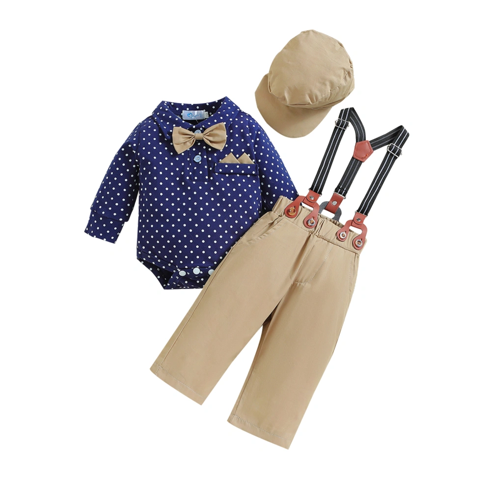 Baby Boys 3Pcs Gentleman Outfits Dots Print Shirt+Suspender Pants+Hat